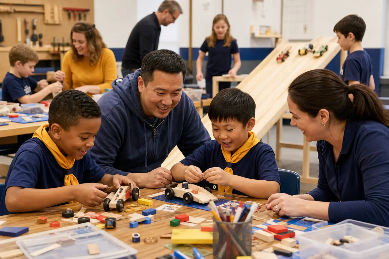 Illustration of Cub Scouts and parents building and painting pinewood derby cars at a workshop table beside a wooden race track