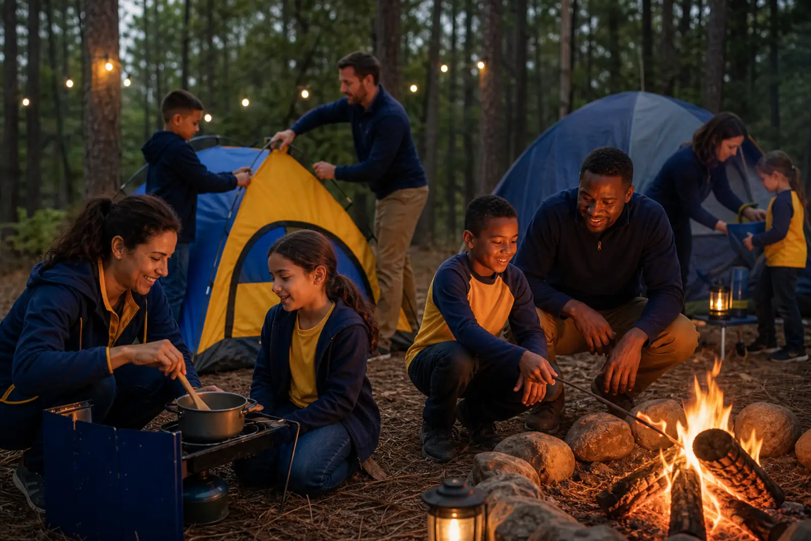 Illustration of families pitching tents and cooking at a campfire in a pine forest at dusk, with lanterns and string lights overhead