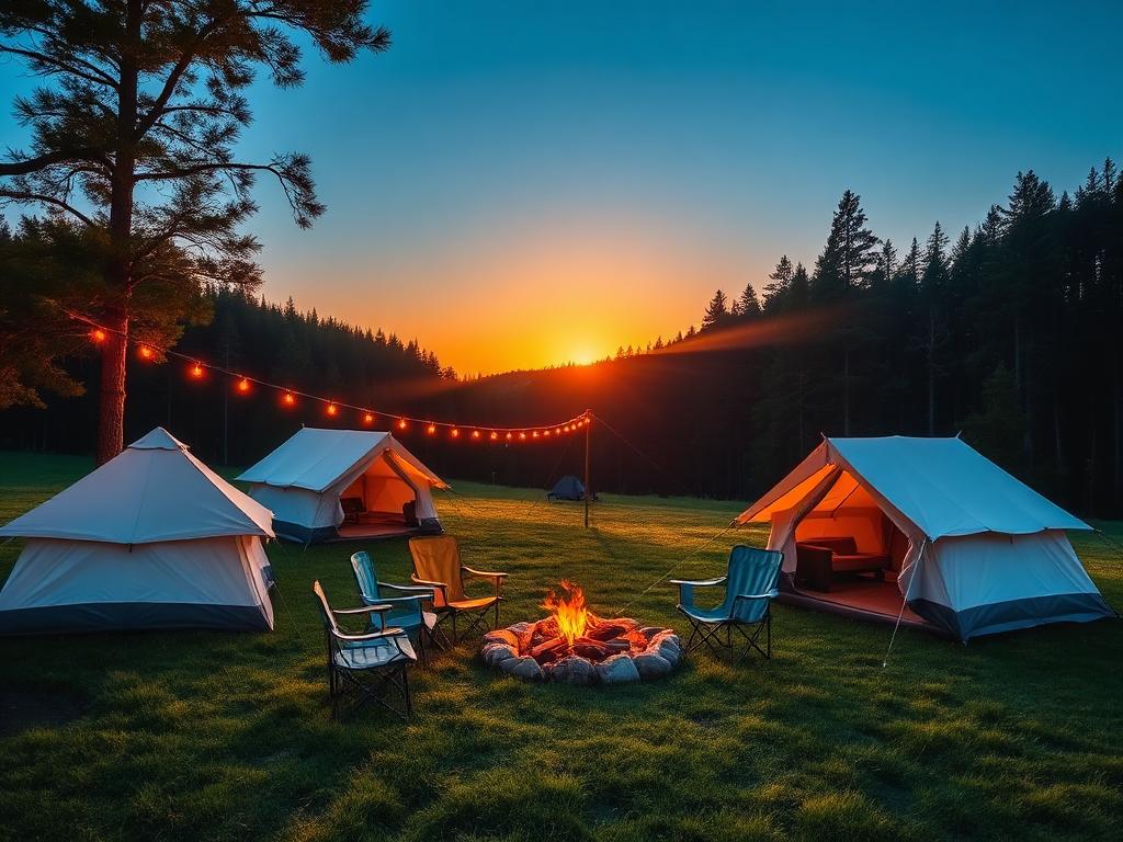 Family tents around a fire pit at golden hour with string lights