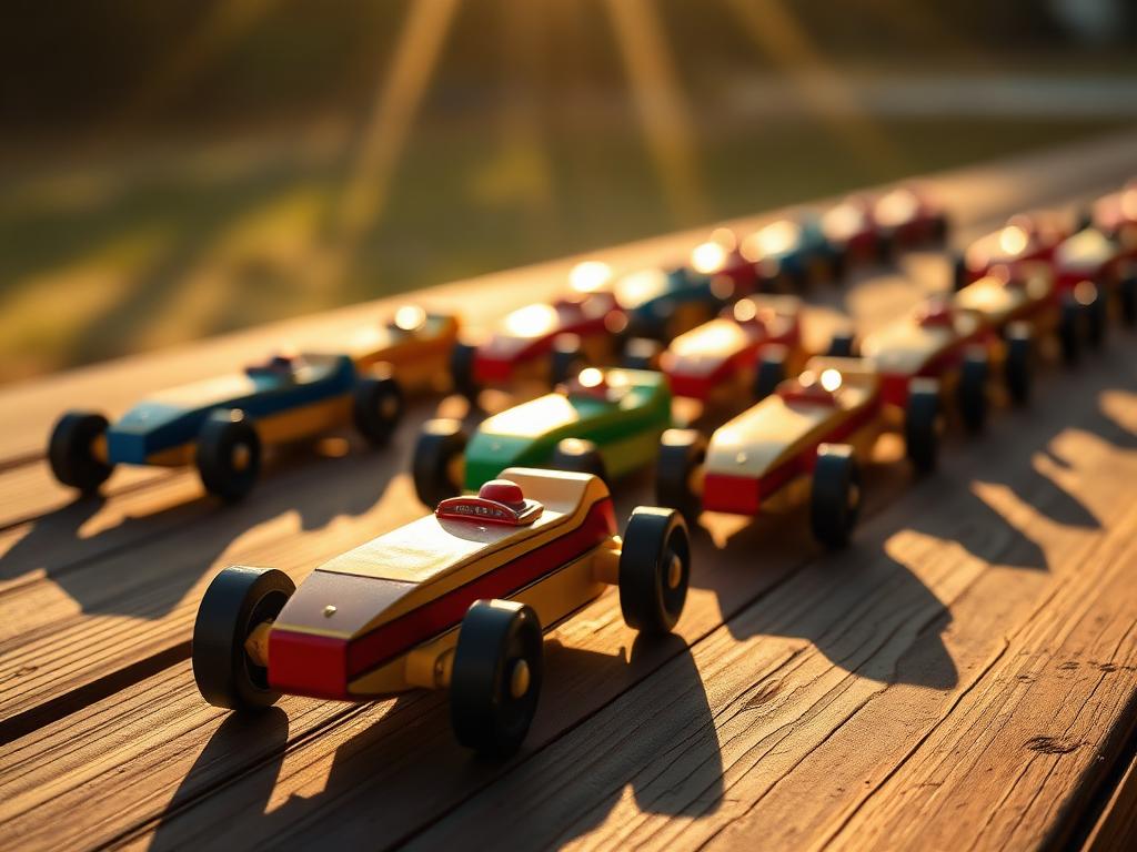 Colorful wooden pinewood derby cars lined up on a track