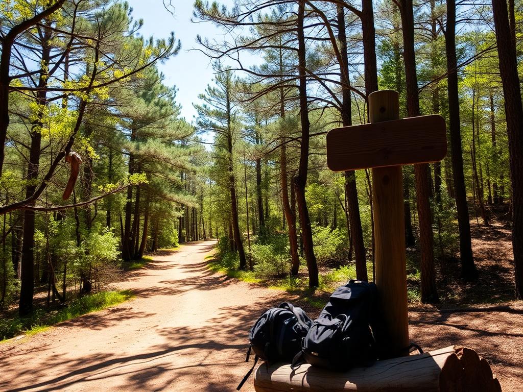 A sunlit forest trail with backpacks resting by a wooden signpost
